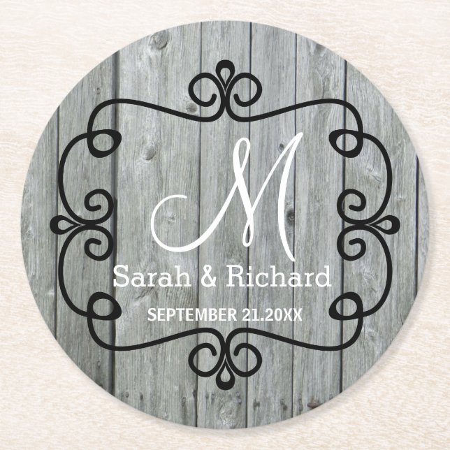 Grey Wood Country Wedding Monogram Runder Pappuntersetzer (Vorderseite)