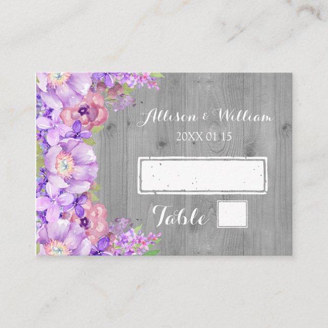 Grey Wood Lila Lilac Floral Place Einstellungskart Platzkarte (Vorderseite)