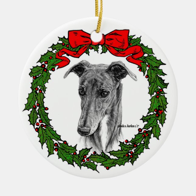 Greyhound Art von Glenda S. Harlan Keramik Ornament (Vorne)