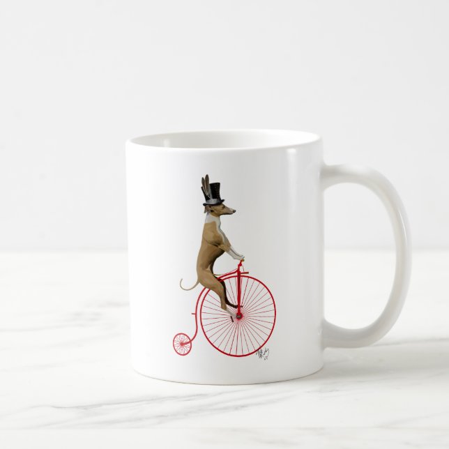 Greyhound auf Red Penny Farthing Bike Tasse (Rechts)