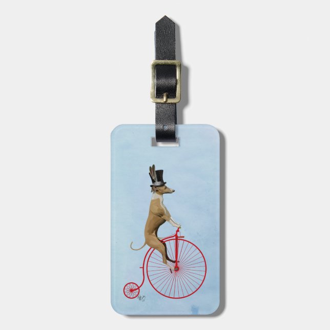 Greyhound auf Red Penny Farthing Gepäckanhänger (Vorderseite vertikal)