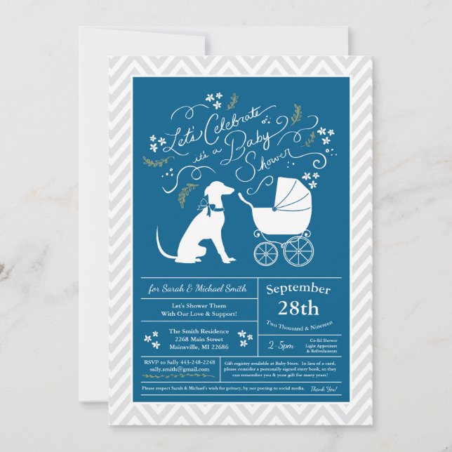 Greyhound Dog Baby Shower Boy Blue Einladung (Vorderseite)