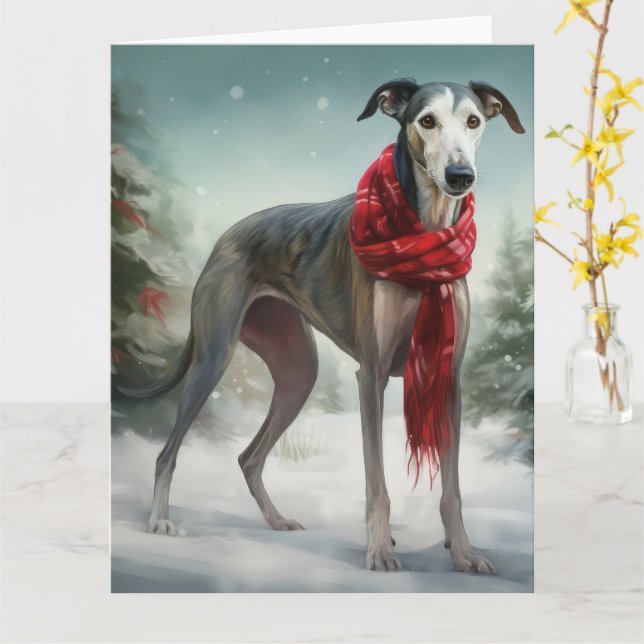 Greyhound Dog in Schneehocht Karte (Gelbe Blume)