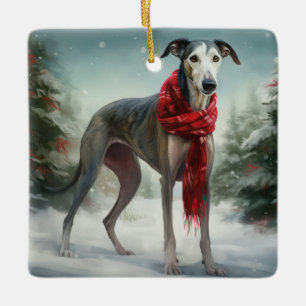 Greyhound Dog in Schneehocht Keramikornament