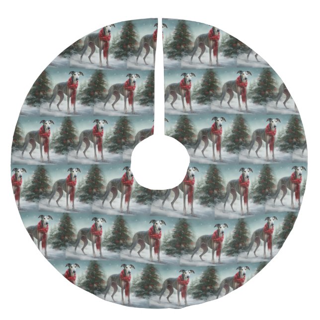 Greyhound Dog in Schneehocht Polyester Weihnachtsbaumdecke (Vorderseite)