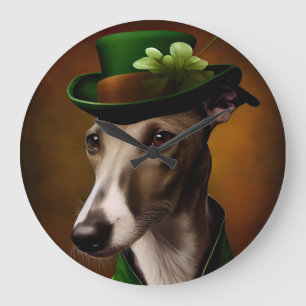 Greyhound Dog in St. Patrick's Day Dress Große Wanduhr