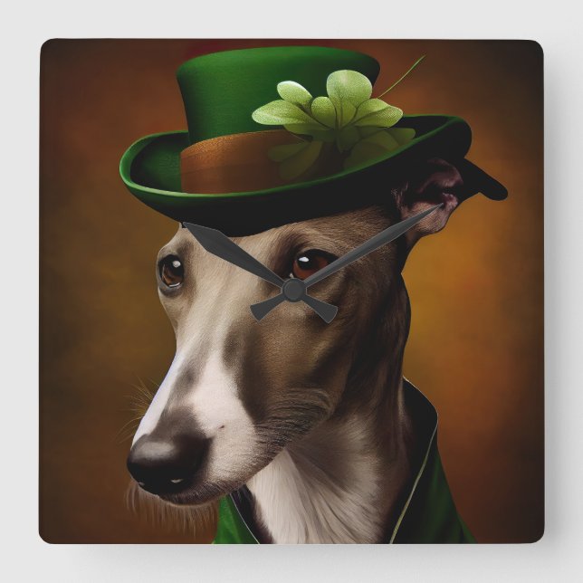 Greyhound Dog in St. Patrick's Day Dress Quadratische Wanduhr (Vorderseite)
