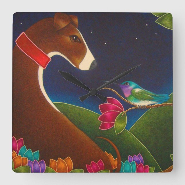 GREYHOUND DOG MIT HUMMINGBIRD WALL CLOCK QUADRATISCHE WANDUHR (Vorderseite)