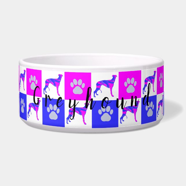 Greyhound Dog & Paw Hot Pink & Blue Pet Bowl Napf (Vorderseite)