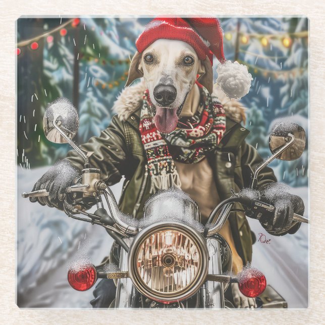 Greyhound Dog Riding Motorrad Weihnachten Glasuntersetzer (Vorderseite)
