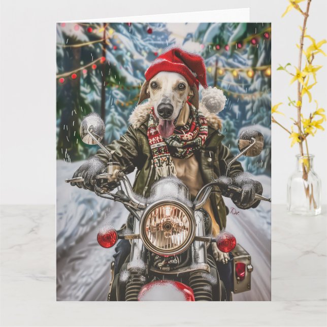 Greyhound Dog Riding Motorrad Weihnachten Karte (Gelbe Blume)