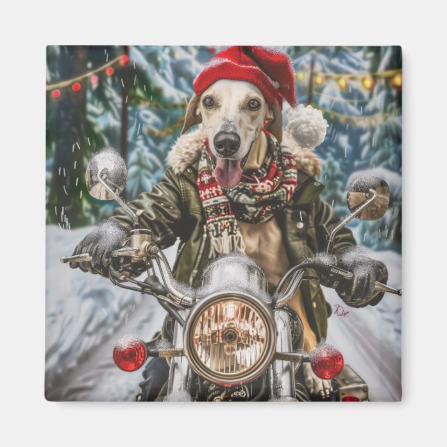 Greyhound Dog Riding Motorrad Weihnachten Magnet (Vorne)