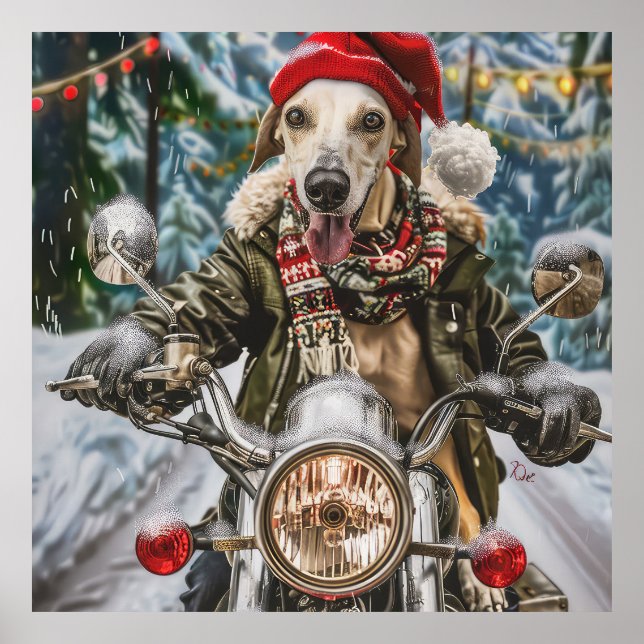 Greyhound Dog Riding Motorrad Weihnachten Poster (Vorne)