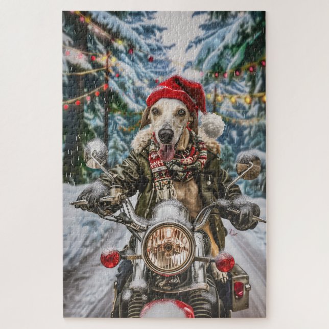 Greyhound Dog Riding Motorrad Weihnachten Puzzle (Vertikal)