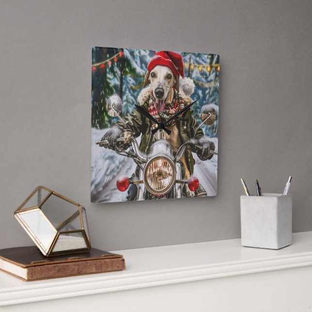 Greyhound Dog Riding Motorrad Weihnachten Quadratische Wanduhr (Büro)