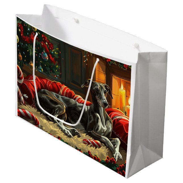 Greyhound Dog Weihnachtsfest Große Geschenktüte (Vorderseite Schrägansicht)