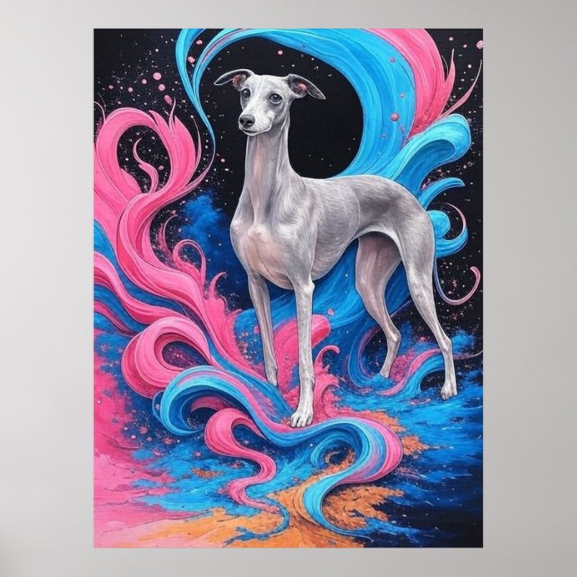 Greyhound Drawing w Water Splash Color Background Poster (Vorne)