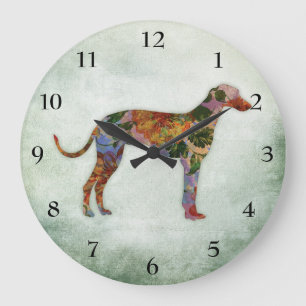 Greyhound Hund floral auf grün Große Wanduhr