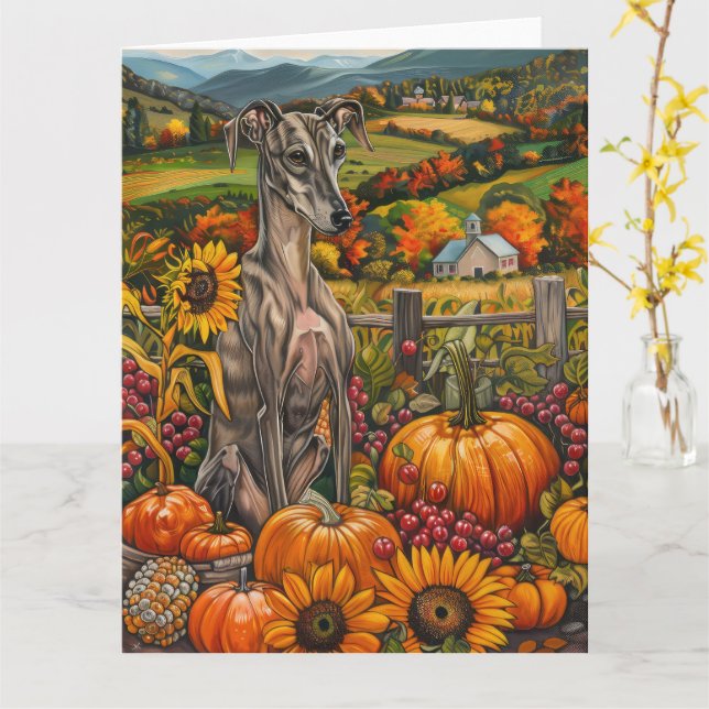 Greyhound Hund Herbst Ernte Erntedank Karte (Gelbe Blume)