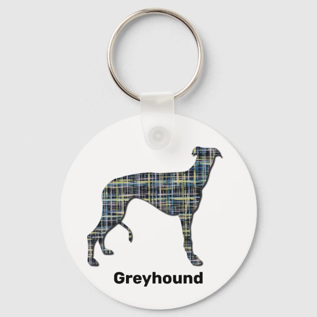 Greyhound Hund Silhouette Gelb & Blau Gitter Schlüsselanhänger (Vorderseite)