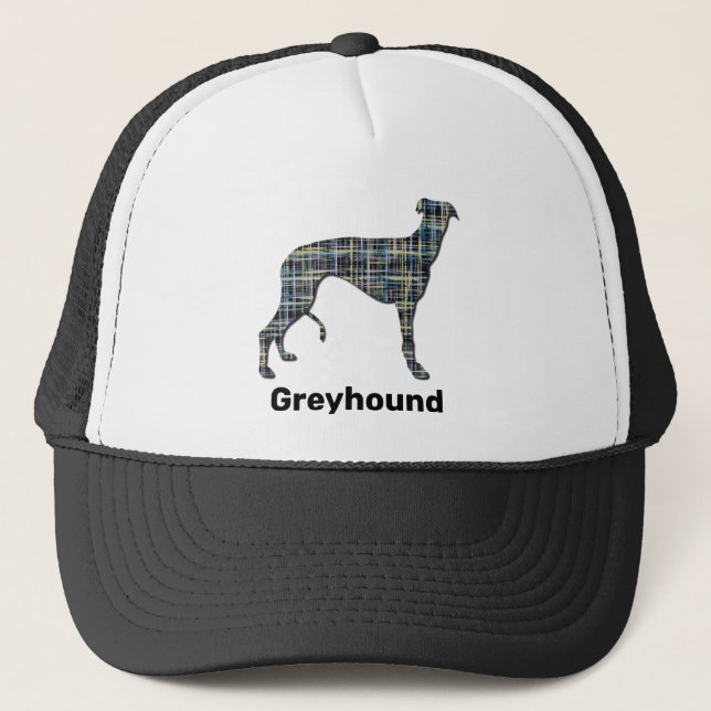 Greyhound Hund Silhouette Gelb & Blau Gitter Truckerkappe (Vorderseite)