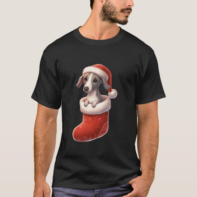 Greyhound In Sock Christmas Santa Hat Xmas Dog Lov T-Shirt (Vorderseite)
