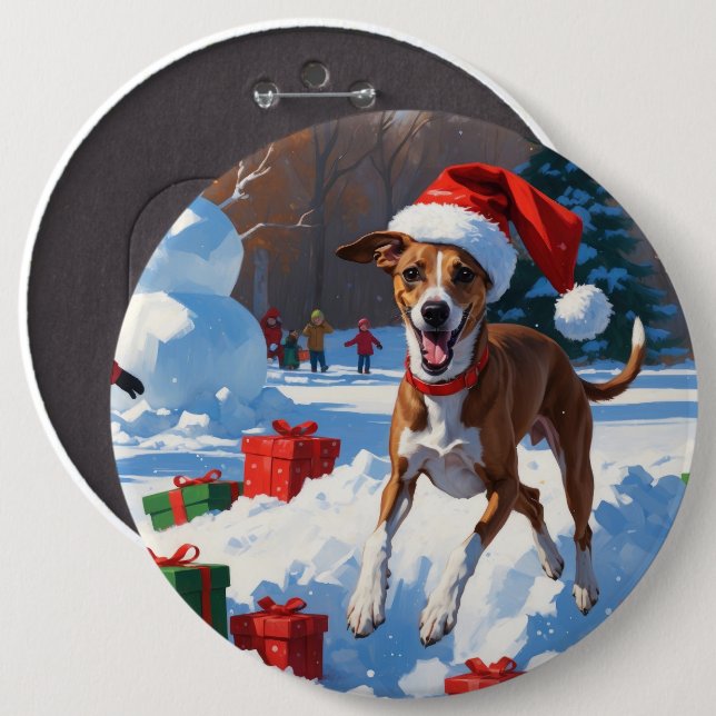 Greyhound läuft im Schnee mit Weihnachtshut Button (Vorne & Hinten)