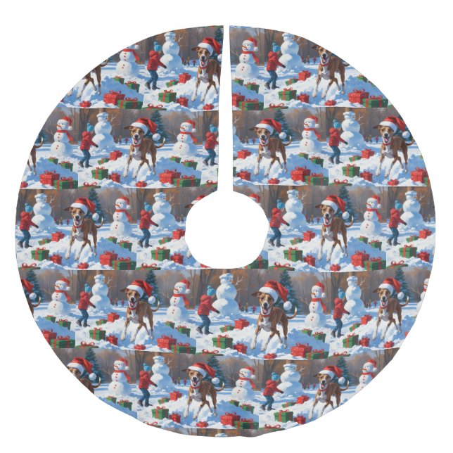 Greyhound läuft im Schnee mit Weihnachtshut Polyester Weihnachtsbaumdecke (Vorderseite)