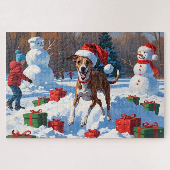 Greyhound läuft im Schnee mit Weihnachtshut Puzzle (Horizontal)