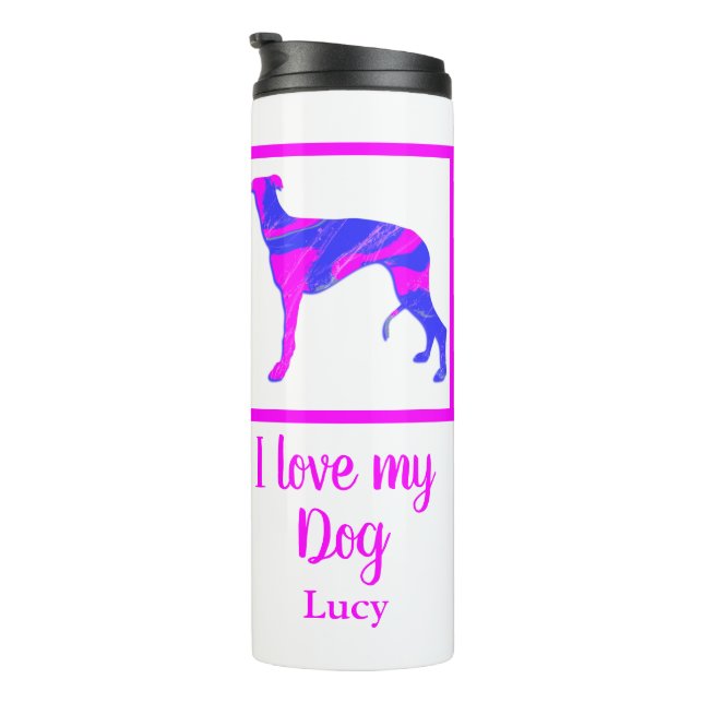 Greyhound/Lurcher Hund Hot Pink & Blue Silhouette Thermosbecher (Nach rechts gedreht)