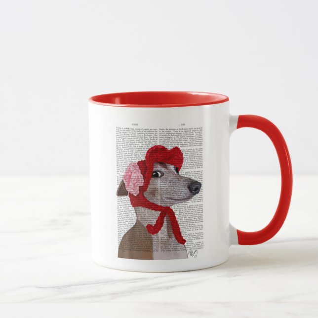 Greyhound mit Red Wooly Hat 2 Tasse (Rechts)