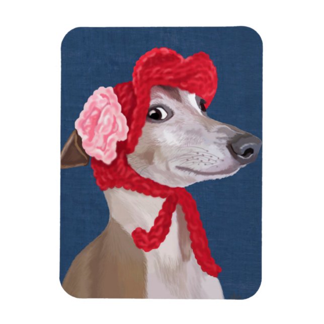 Greyhound mit Red Wooly Hat Magnet (Vertikal)