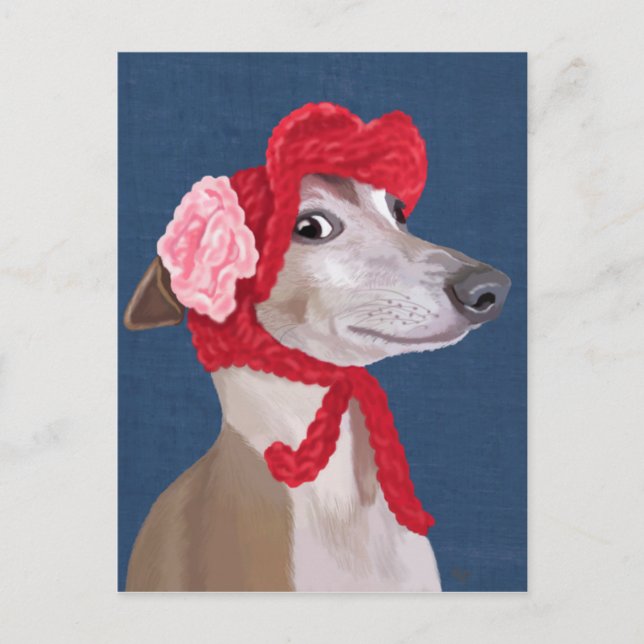 Greyhound mit Red Wooly Hat Postkarte (Vorderseite)