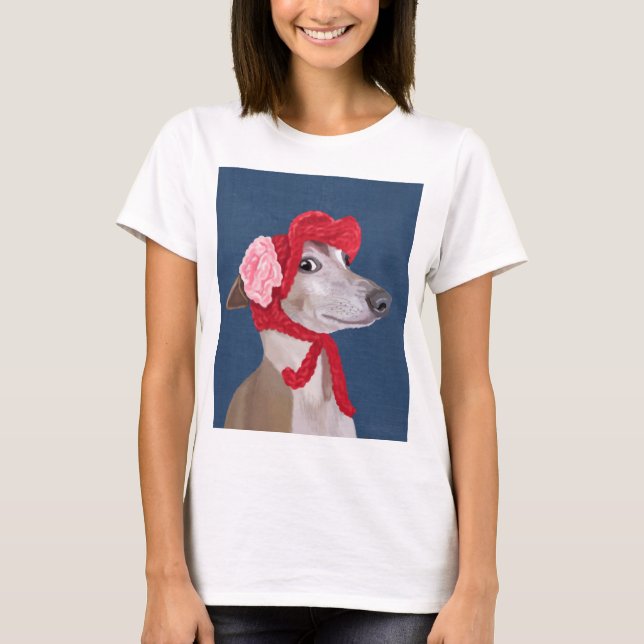 Greyhound mit Red Wooly Hat T-Shirt (Vorderseite)