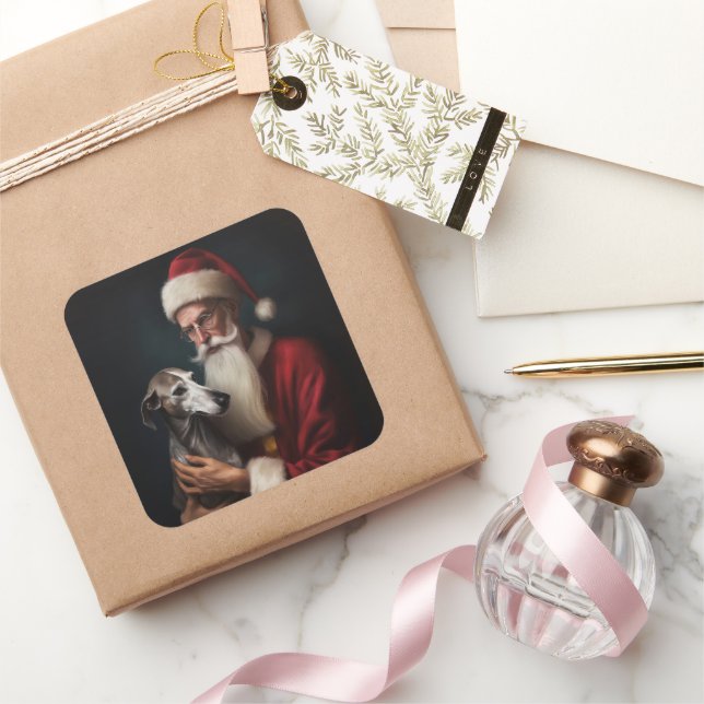 Greyhound mit Weihnachtsfeiern Quadratischer Aufkleber (Schenken)