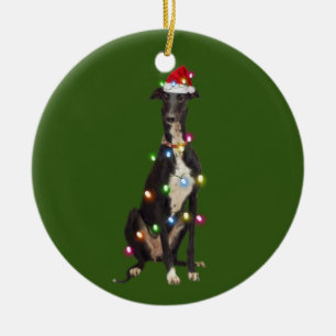 Greyhound mit Weihnachtsschäfte Weihnachtsmannmütz Keramik Ornament