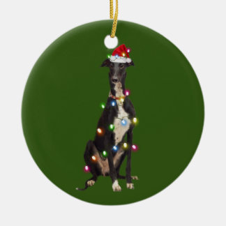 Greyhound mit Weihnachtsschäfte Weihnachtsmannmütz Keramik Ornament