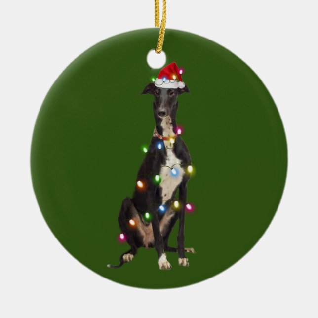 Greyhound mit Weihnachtsschäfte Weihnachtsmannmütz Keramik Ornament (Vorne)