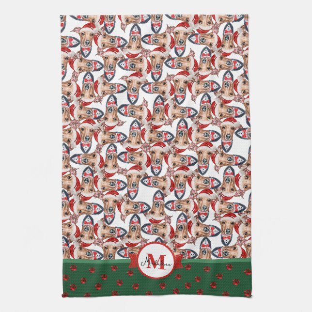 Greyhound Muster Monogram Christmas Dog Geschirrtuch (Vertikal)