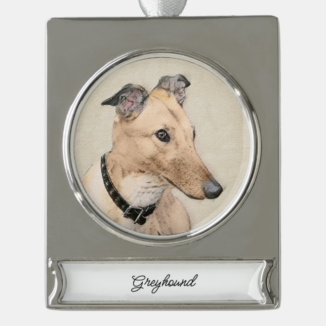 Greyhound Painting - Niedliche Original Hunde Kuns Banner-Ornament Silber (Vorderseite)