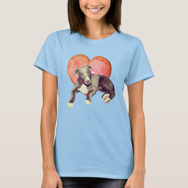 Greyhound Puppy and Pink Heart T-Shirt (Vorderseite)