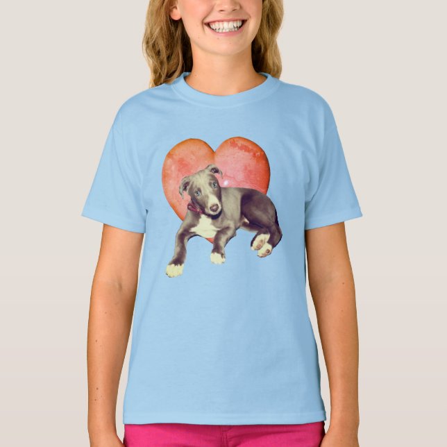 Greyhound Puppy and Pink Heart  T-Shirt (Vorderseite)