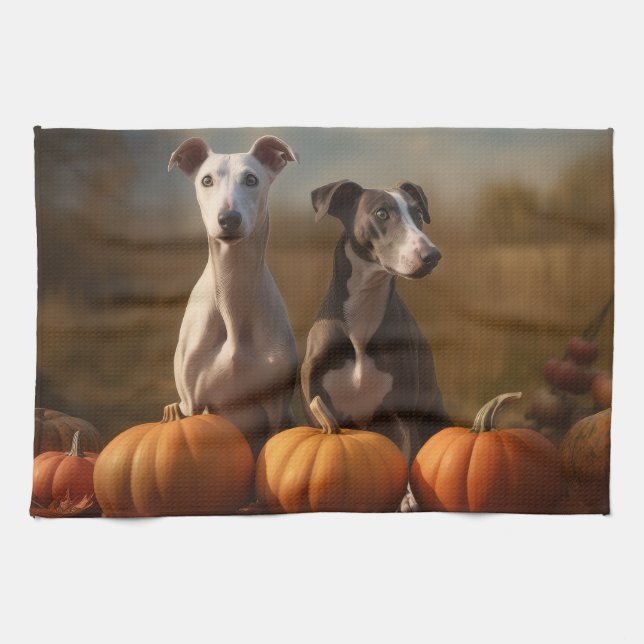 Greyhound Puppy Autumn Delight Pumpkin Geschirrtuch (Horizontal)