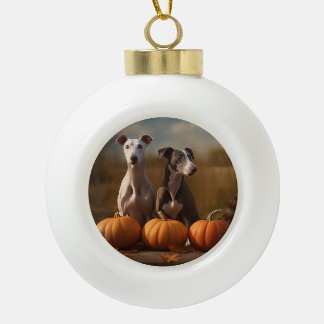 Greyhound Puppy Autumn Delight Pumpkin Keramik Kugel-Ornament (Vorderseite)