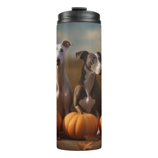 Greyhound Puppy Autumn Delight Pumpkin Thermosbecher (Vorderseite)
