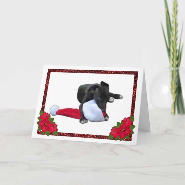 Greyhound Puppy Kaue Weihnachtsmannmütze Weihnacht Feiertagskarte (Vorderseite)