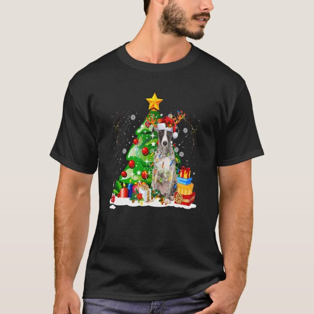 Greyhound Reindeer Christmas Lights  Dog Xmas T-Shirt (Vorderseite)