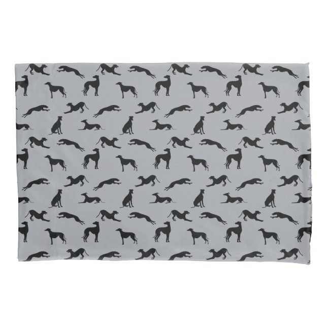 Greyhound-Silhouetten Reversible auf Grau Kissenbezug (Vorderseite)