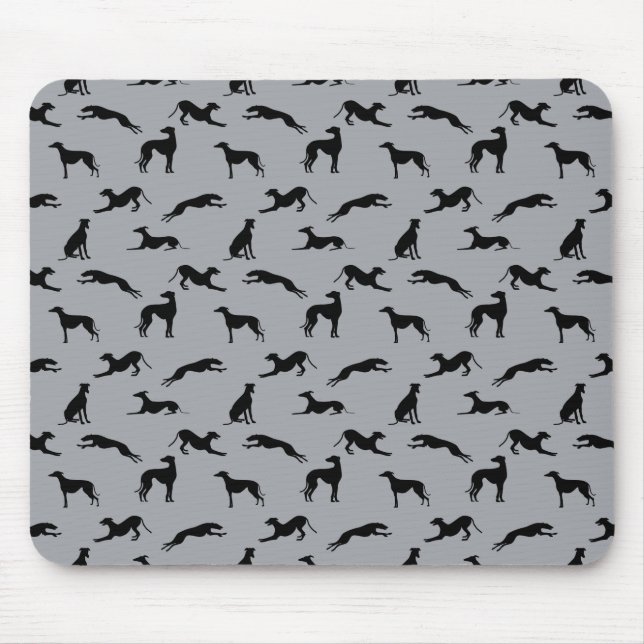 Greyhound Silhouetten Schwarz auf Grau Mousepad (Vorne)