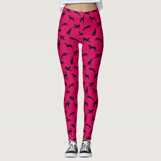 Greyhound-Silhouetten schwarz auf hellrosa Leggings (Vorderseite)